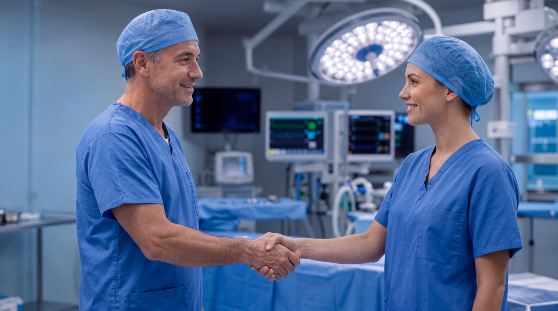 Surgeon and medical representative in scrubs shaking hands in an operating room