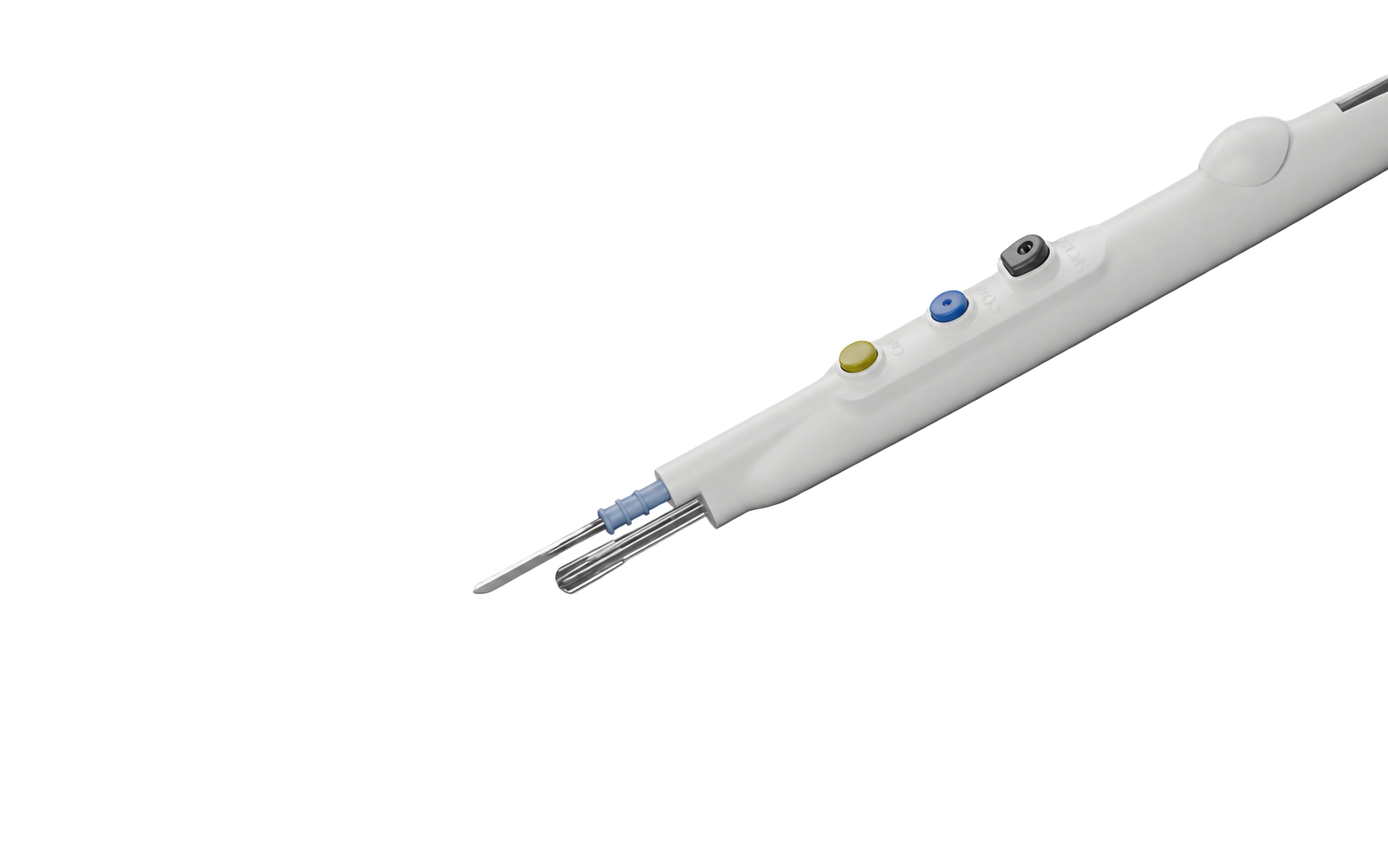 ClearCut Surgical device with a silver metal tip and yellow, blue and gray buttons